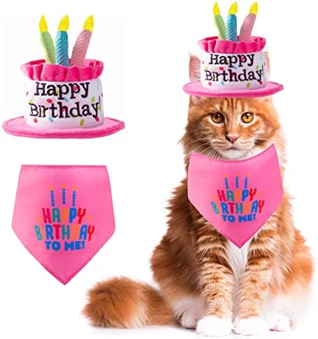 אושנג חיית מחמד חתול כובע יום הולדת שמח עם נרות צבעוניים, כובע עוגת יום הולדת לחתול ורוד וצעיפי בנדנה ליום הולדת שנקבעו לבעלי חיים קטנים, קישוטים למסיבת יום הולדת לחתול