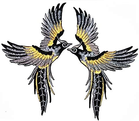 UMAMA PATCH 1 זוג ציפורים בעלי חיים ברזל ברק רקום ברזל על טלאי אפליקציה אפור שחור זהב שחור פיניקס ציפורים