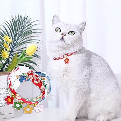 4 חתיכות צווארון חיות מחמד נפרץ עם פעמון וקישוטים מקסימים צווארון חתול עם ארבעה דפוסי פרחי צבע