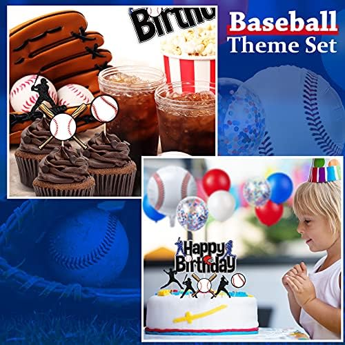 68 חתיכות ציוד מסיבת יום הולדת בייסבול כולל 1 באנר ליום הולדת שמח, 1 דגל משולש משולש בייסבול, 25 טופר עוגת בייסבול ו -41 בלוני נושא בייסבול לקישוטים למסיבות ספורט בנים