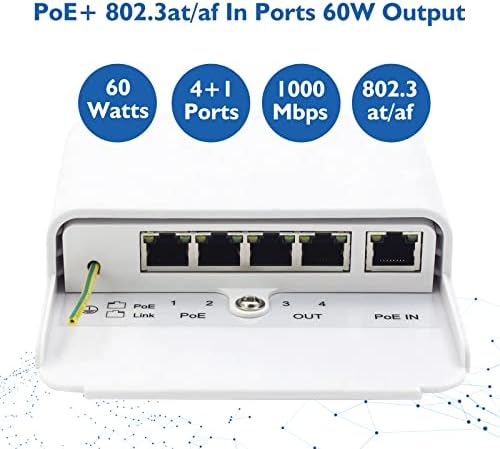 ThePoestore gigabit 5 Port Poe Extender חיצוני IP65 מתג Poe Pasthrough / מגבר POE / מגבר POE / Booster. 60W 10/100/1000 מגהביט לשנייה. IEEE 802.3BT/AT/AF תואם.
