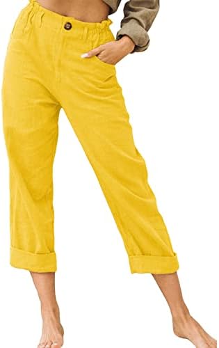מכנסי קפרי פשתן כותנה של נשים, קיץ רגל רחבה לקיץ פלאצו יוגה קפריס מכנסיים קדמיים שטוחים עם כיסים