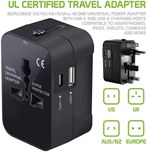 נסיעות USB פלוס מתאם כוח בינלאומי תואם ל- LG X Calibur עבור כוח עולמי עבור 3 מכשירים USB Typec, USB-A לנסוע בין ארהב/איחוד האירופי/AUS/NZ/UK/CN