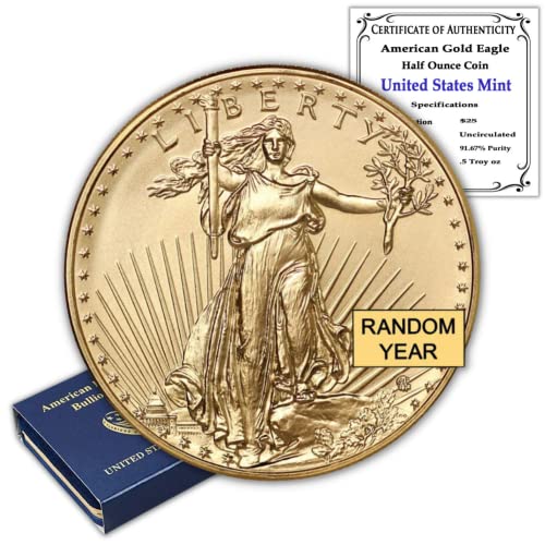 1986 - הווה 1/2 גרם אמריקן גולד נשר מטבע מטבע מבריק ללא סירוגין בתיבת המנטה של ​​ארצות הברית עם תעודת אותנטיות 25 $ MINT STATE