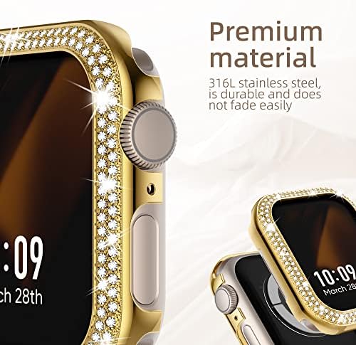 מארז Missair Bling תואם לסדרת Apple Watch 8 7, נשים נצנצים מסגרת יהלום בשורה כפולה פגוש כיסוי מגן מפלדת נירוסטה למתכת עבור iwatch 45 ממ, זהב