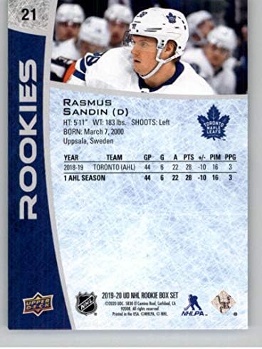2019-20 סיפון עליון NHL קופסת טירון סט הוקי 21 Rasmus Sandin Toronto Maple Leafs רשמי כרטיס טירון NHL מהסיפון העליון
