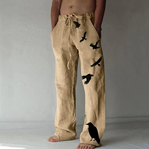 מכנסי פשתן כותנה לגברים מכנסיים חוף מכנסי טרנינג נוחים הדפס נשר מותניים מותניים ישר מכנסי בוהו היפי ישר