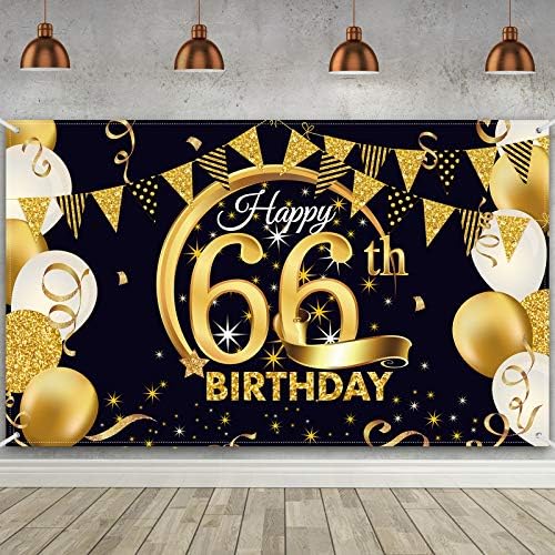 קישוט מסיבת יום הולדת 66, פוסטר שלט זהב שחור גדול במיוחד בדים שחור ל 66 שנה לתא תפאורה באנר רקע, ציוד למסיבות יום הולדת 66, 72.8 x 43.3 אינץ '