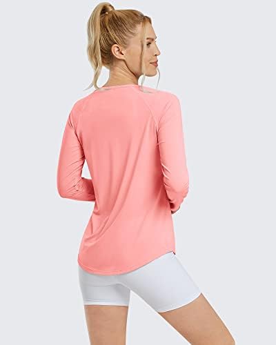 פרשום לנשים UPF 50+ חולצות אימון הגנה מפני השמש מהיר יבש שרוול ארוך צוואר צוואר יוגה פעילה בגדי טי רגיל