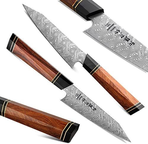 רטרו 3 יחידות סכין סט גיוטו 8.5-אינץ קיריצוקה 7-אינץ נקירי 5-אינץ שירות 110 שכבות מלא דמשק פלדת מטבח סכין מתומן ידית תכליתי סכין עם תיבת עץ