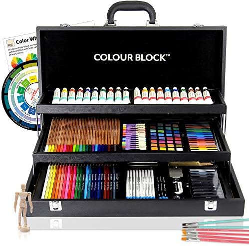 בלוק צבע 181 מחשב אמנות מדיה מעורבת בסט במארז עור PU עמיד - פסטלים רכים ושמן, צבעי אקריליק וצבעי מים, רישום, פחם וצבעוני עפרונות וכלים