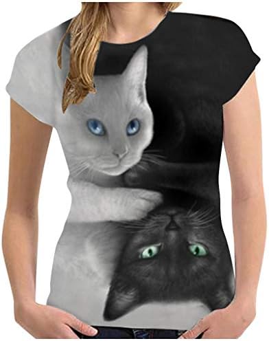 בלאי להתעמלות לנשים חולצות חתולים 3D O-Neck T דפסת אופנה שרוול טריקו קיץ חולצות אימון קצרות