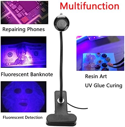 מנורת אור סגולה, מנורת דבק UV מופעלת על ידי USB 3W עם קליפ ומתג, מנורות סגולות של שולחן כתיבה 360 מעלות, עבור מסמר ג'ל UV, תיקון PCB, גילוי חומר ניאון