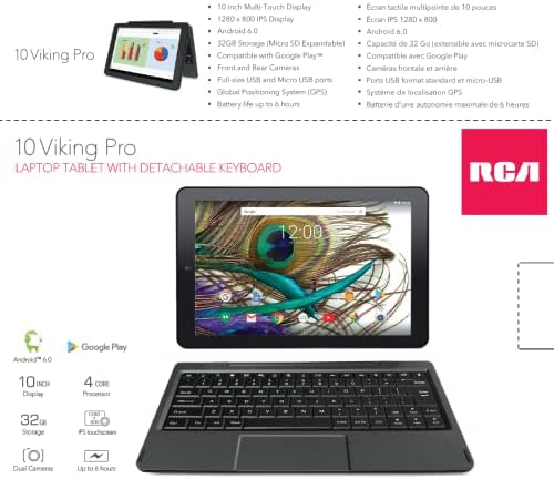 RCA Viking Pro 10 טאבלט 2-in-1 טאבלט 32 ג'יגה-בייט מרובע ליבה מחשב נייד פחם עם מסך מגע ומקלדת לניתוק אנדרואיד 6.0