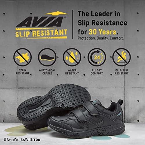 Avia avi -union II רצועת נעליים ללא החלקה לגברים, נעלי הליכה של וו ולולאה עם קצף זיכרון, מסעדת נוחות ונעלי סוכרת לגברים - שחור רחב או רחב במיוחד הנעלה בטיחותית