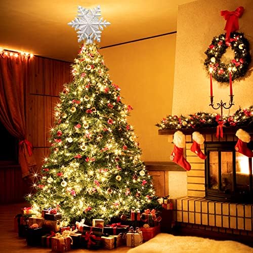 עץ חג המולד של Hohotime טופר פתית שלג מוארת עם LED מסתובב אורות מקרן פתית שלג, תלת מימד גליטר חלול עץ כוכב טופר לקישוטי עץ חג המולד, כסף