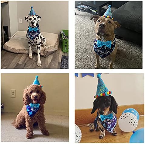 ציוד למסיבות יום הולדת לכלב Tcboying, כלב יום הולדת כובע בנדנה צעיף עם צווארון עניבת פרפר חמוד לחיית מחמד כלב בינוני קטן