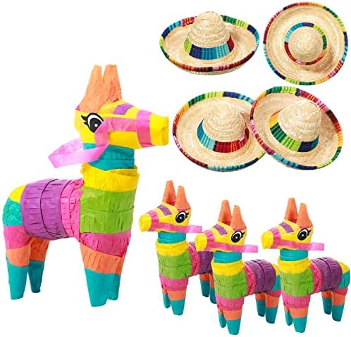 4 איקס 7 אינץ מיני חמור פינאטה ומיני סומבררו מסיבת כובעי מקסיקני כובע מסיבת קישוטי פיאסטה קישוטי מיני מקסיקני פינאטה לילדים יום הולדת פיאסטה טאקו ספקי צד ואאו תמונה נכס