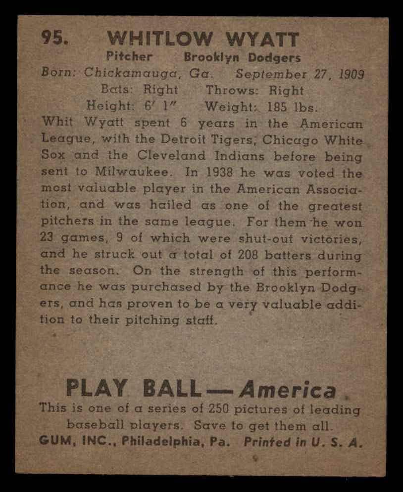 1939 משחק כדור 95 Whitlow Wyatt Brooklyn Dodgers Ex+ Dodgers