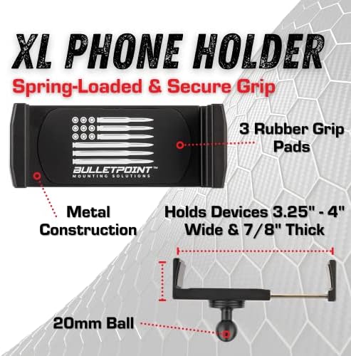 Bulletpoint XL Dash Mount מחזיק טלפון סלולרי לטלפונים גדולים ומארזים תואמים לסמארטפונים של אייפון ואנדרואיד - כדור מצורף 20 ממ מתרחב עד 4 אינץ 'רוחב