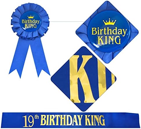 Skjiayee יום הולדת 19 מלך מלך, אבנט יום הולדת סאטן כחול עם מלך יום הולדת זהב ליום הולדת לילדים או ליום הולדת לגברים אספקת קישוטים