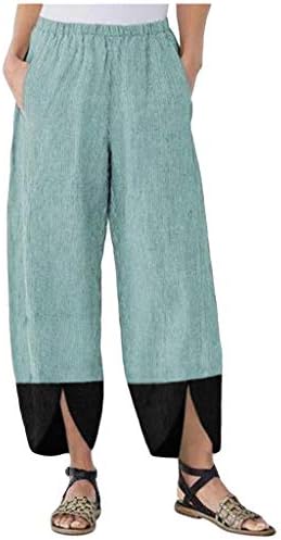 2023 מכנסי פשתן כותנה פלוס גודל, מותניים אלסטיים רחבים פלאצו יוגה קפריס קפריס מנוחה מכנסיים רחבים עם כיסים