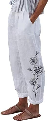 Xiexiebuy אופנה הדפסת פרחים מכנסיים עם כיסים פשתן כותנה גבוהה מזדמנים מכנסיים ישרים רופפים מכנסיים ישרים ארוכים