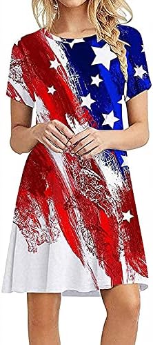 שמלות חולצה מזדמנת של Tifzhadiao לנשים שמלות חולצה מזדמנות 4 ביולי הדפס דגל אמריקה שמלות חולצת טשור שרוול קצר שמלת חוף נדנדה