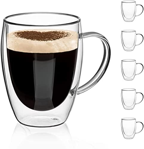 ספלי קפה זכוכית כפולה עם קפה קפה ספל זכוכית עם ידיות כוסות קפוצ'ינו קיר כפול, 12 רוז של סט 6 ספלי תה קפה, משקפיים צלולים עם ידית