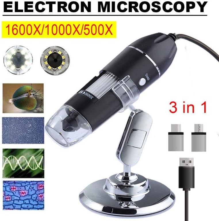 ציוד מיקרוסקופ מעבדה 3 ב 1 USB מיקרוסקופ דיגיטלי 500x 1000X 1600X כף יד מסוג C עם 8 נוריות LED עם אביזרי מיקרוסקופ סוגריים
