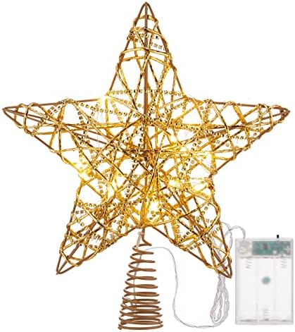 עץ כוכב חג המולד טופר חלול מעוצב מעוצב סוללה המופעל על ידי כוכב עץ עם 20 אורות מיתרי נחושת LED כוכב Treetop לקישוטי עץ חג המולד, זהב