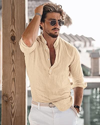 האקג ' יי כותנה פשתן חולצות לגברים מקרית חולצות קל משקל ארוך שרוול הנלי חוף חולצות הוואי חולצות לגברים