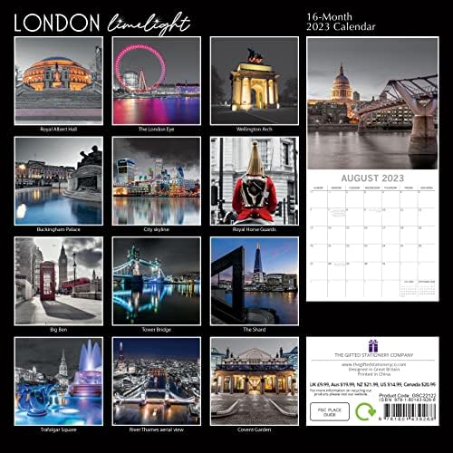 2023 לוח השנה הקיר המרובע, אור הזרקורים של לונדון, נושא אוסף דרכון בן 16 חודשים עם 180 מדבקות תזכורת תזכורת