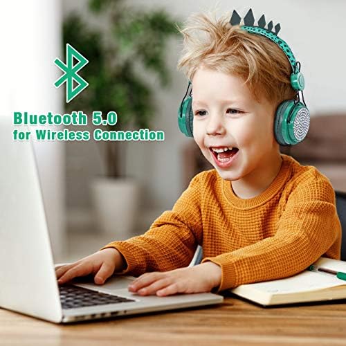 אוזניות לילדים בנים אוזניות Bluetooth אלחוטיות עם מיקרופון על אוזן לבית ספר/מחשב/אייפד, אוזניות דינוזאור לילדים ילדים, אוזניות מתכווננות מוגבלות עם תיק מסיבת דינוזאור 1pc, ירוק