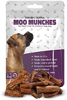 Grub Terra Moo Munches פינוקים של כלבים המיוצרים רק מבשר בקר לכלבים קטנים, בינוניים, גדולים עם חומרים מזינים חיוניים, שכלבך משתוקק 8oz