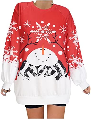 סווטשירטים של צווארון חג המולד לנשים פינגווין איש שלג חולצות שרוול ארוך חולצות פתית שלג סוודר גדול