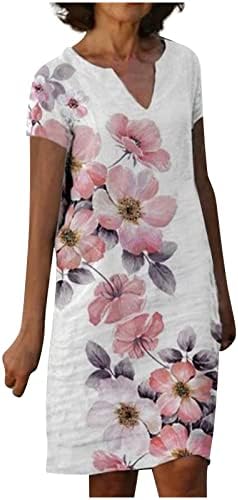 וינטג 'קיץ שמלת פשתן כותנה נשים טרנדיות דפוס פרחוני שמלת חוף מזדמן V צוואר שרוול קצר שמלת טוניקה