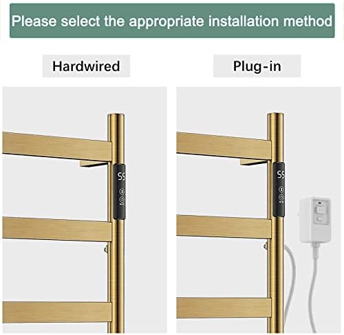 מתלה מגבות מחומם של Wudieyin, מתלה חם יותר מגבת, מגבת רכובה על קיר חם יותר לחדר אמבטיה, מתלה ייבוש מגבות חשמלי עם טיימר, מפלדת אל חלד מוזהבת, פלאגין/חוטם קשה