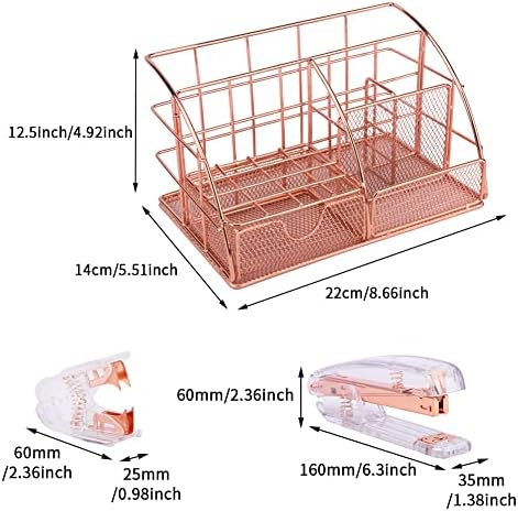 מארגני שולחנות זהב ורדים - מארגן שולחני עם מגירה, אחסון נייר מכתבים, מחזיק עט, עם מהדק, מסיר מהדק, סיכות, עבור ציוד משרדי ואביזרי שולחן עבודה