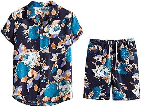 חולצת פרחים גברים הוואי מגדירה כפתור מזדמן חולצה ומכנסיים קצרים גברים קיץ נוחים פיג'מה רכה 2 תלבושות חתיכות