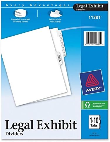 אייברי 11381 תערוכה משפטית מחיצות תוכן, 1-10 כרטיסיות צד, גודל מכתב, 11 כרטיסיות / רחוב
