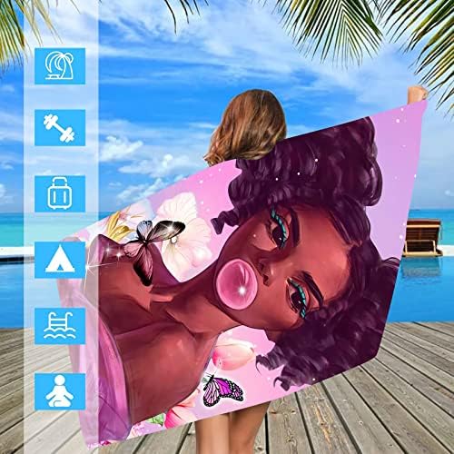 אישה אפרו -אמריקאית אמנות מיקרופייבר שמיכה מגבת חוף, ילדה שחורה בועה ורודה מסטיק מהיר חול יבש חול חוף מגבות חוף לטיולים חיצוניים בריכת שחייה אמבטיה אמבטיה יוגה פיקניק מגבת חוף - 52 x33