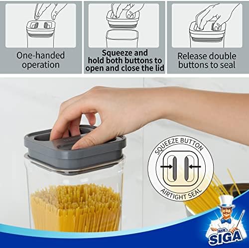 Mr.Siga 4 חבילה סט מיכל אחסון מזון אטום, מיכלי ארגון מזווה מטבח חינם, BPA, מיכלי אחסון ספגטי אטומים ביד אחת, 2.1L / 72OZ, אפור