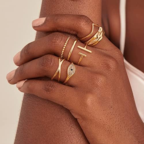 גנירצי זהב עין הרע טבעת לנשים מעוקב זירקוניה 14 קראט מצופה זהב מינימליסטי סטאק דק להקת אצבע תכשיטים גודל 5-8