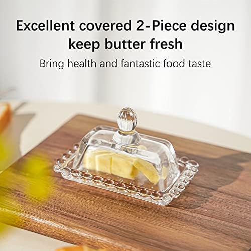 צלחת חמאת זכוכית 4 אינץ 'עם מכסה קלאסי מכוסה 2 חלקים מגש חמאה צלול למכוסה בשורה מודרנית שומר על מדיח כלים.