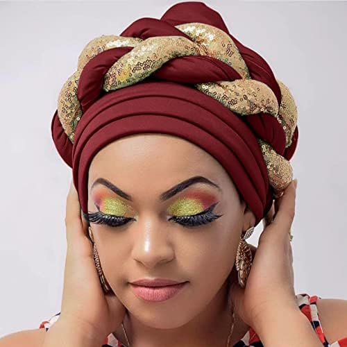 כיסוי ראש כיסוי ראש מעוות כיסוי ראש עטיפת פאייטים טורבן אפריקני שחור-עטיפה ראשית מראש לנשים לנשים