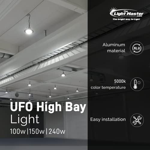 מאסטר האור - UFO LED Smart LED Highbay Light –240W, 5000 K, 34800 Lumen, 110-277V - IP 65 אטום למים, UL/DLC - ברק מקורה, מפעל, מחסן, מוסך, חנות
