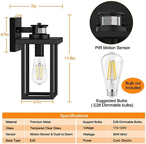 חיישן תנועה משודרג אורות קיר חיצוניים, בין ערביים עד שחר גופי תאורה חיצוניים קיר קיר, אור מרפסת קדמי עם גימור שחור מט, פנס קיר קיר אנטי חלודה, קיר קיר למוסך, בית