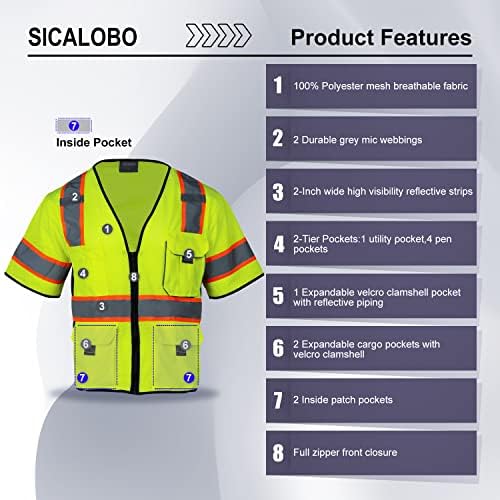 אפוד רשת בטיחות נראות לגברים של Sicalobo עם 10 כיסים, Hi Vis Class 3 Worktive Works Vests Behin
