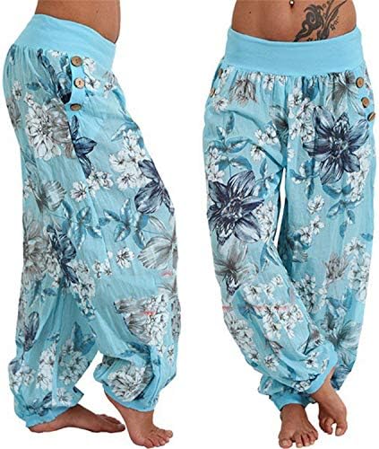 נשים Andongnywell מדפיסות מכנסיים רחבים של הרם היפי בוהו כפתור כיס רופף מכנסיים המותניים הגבוהים מכנסי חוף רחבים